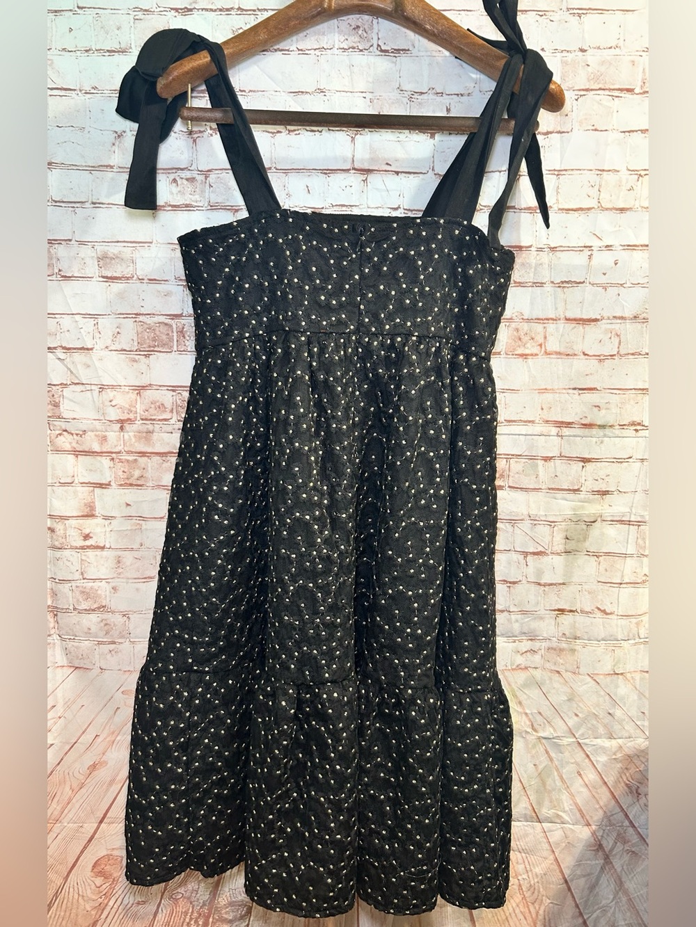 NWT THML Black Gold Metallic Embroidered Tie Strap Midi Dress Feminine Coquette - Picture 5 of 11